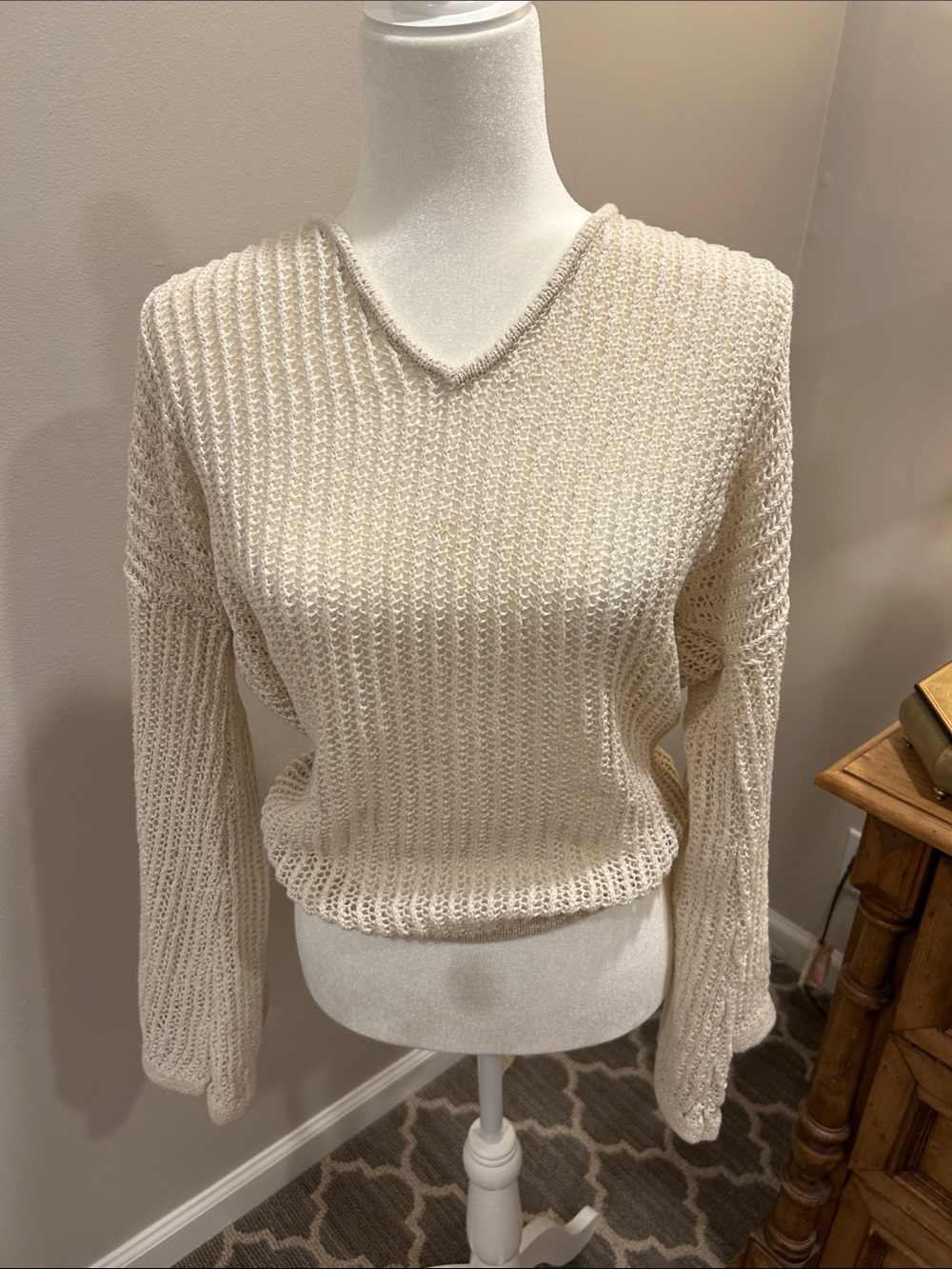 Cult Gaia Light Cream Open-Knit V-Neck Hoodie Sweater